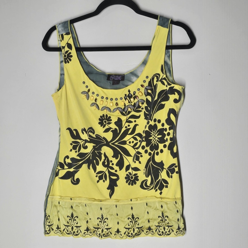 Y2K Hale Bob Embellished Floral Yellow Tank Top Silk Blend Jeweled Burnout Sz S
